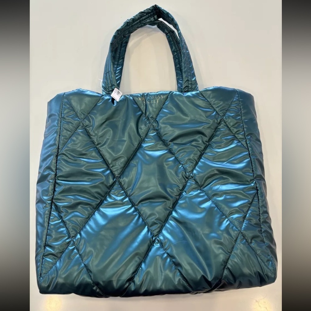 NWT Victoria's Secret Metallic Teal Green Large Quilted Puffer Tote Bag